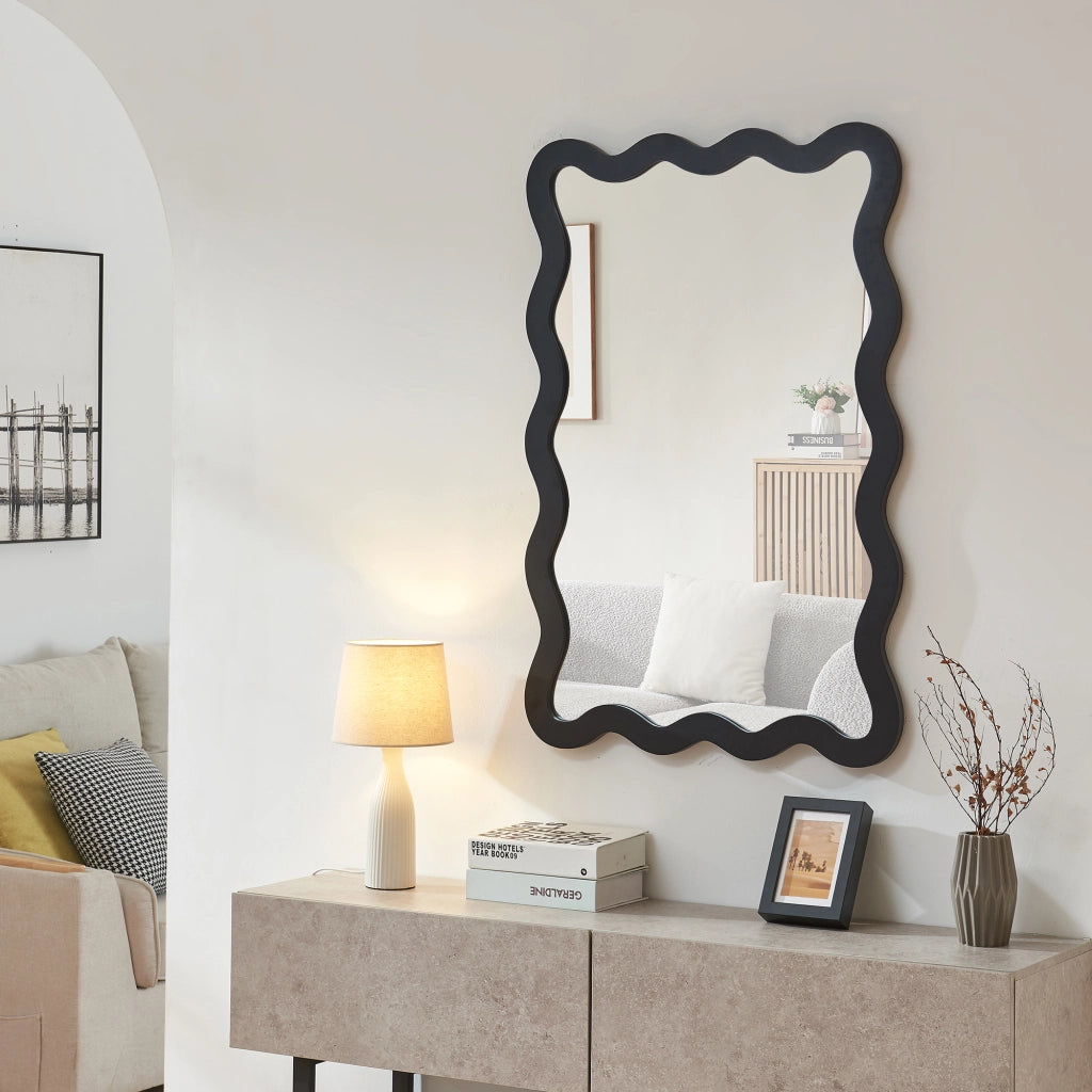 Specchio Ondulato da Parete Koster Montaggio Verticale e Orizzontale 90x60 cm Nero [en.casa]