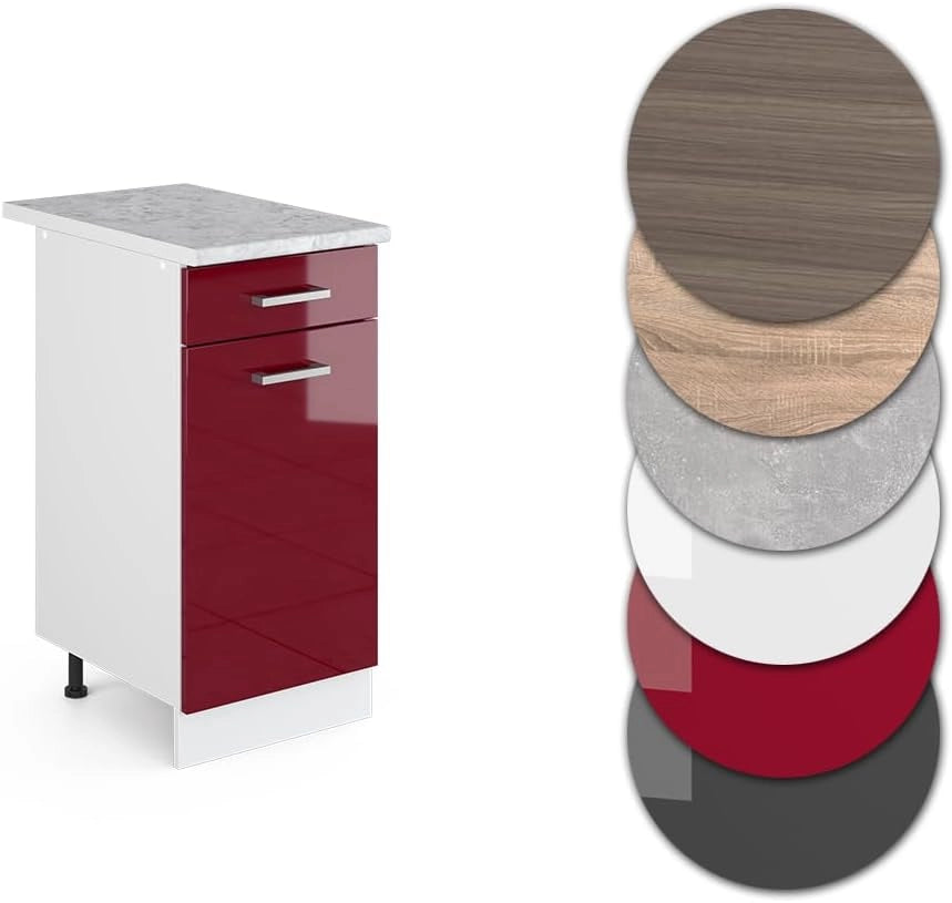 Base universale R-Line, Rosso bordeaux lucido, 40 cm con cassetto, con piano di lavoro, adatto per essere riposto in modo salvaspazio nelle cucine componibili