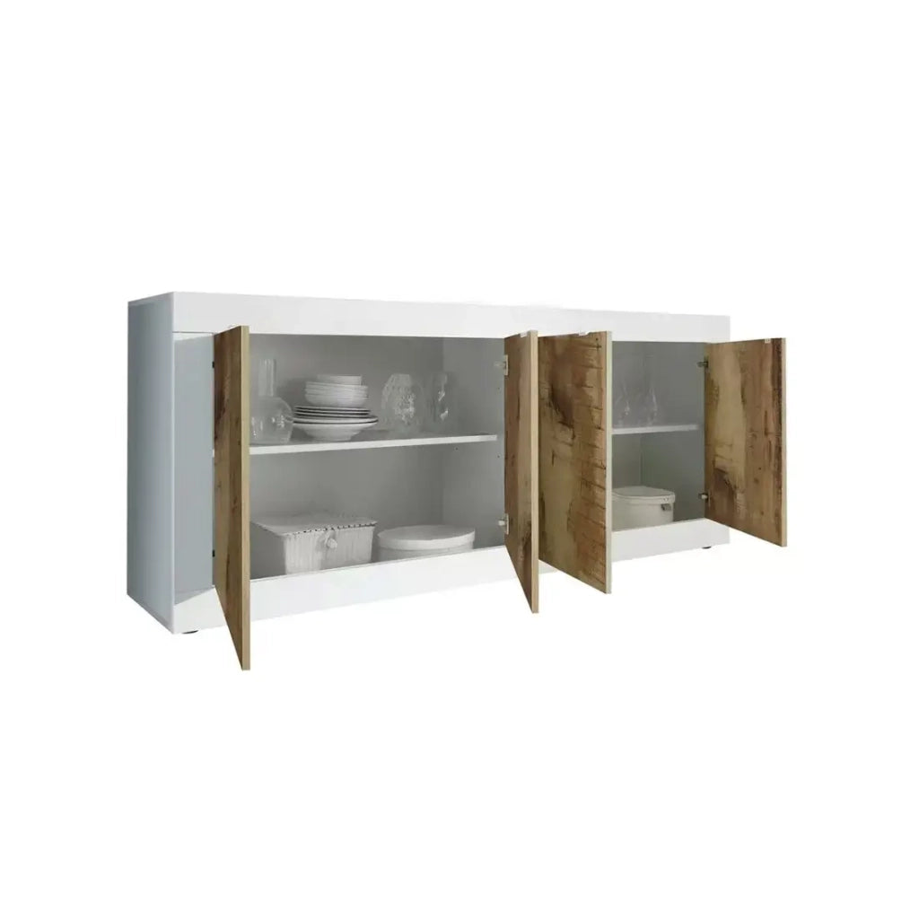 Buffet 4 porte, collezione ISORA, color bianco e rovere chiaro, ideale per un soggiorno o una sala da pranzo moderna