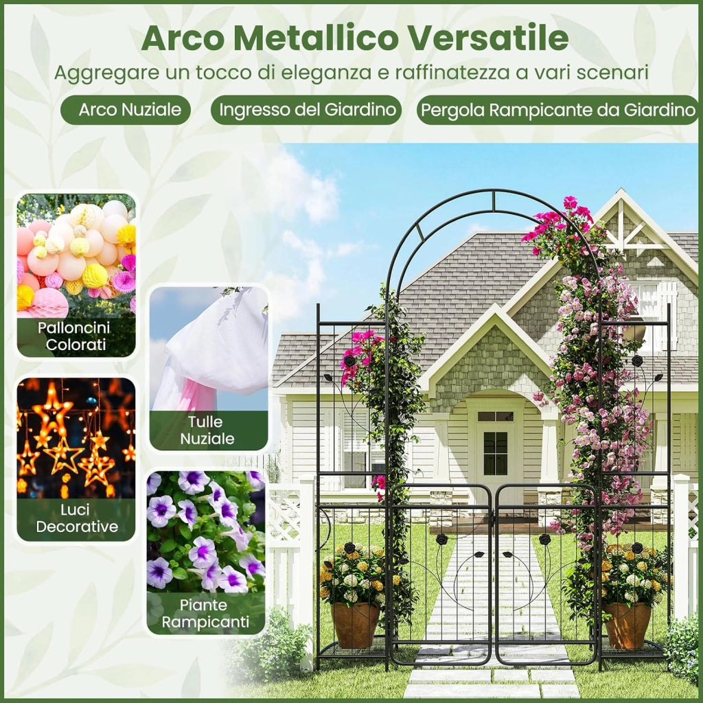 Arco da Giardino 220 cm, Pergolato con Cancello, Ripiani per Piante, Graticci per Rampicanti, Arco in Metallo per Piante Rampicanti da Esterno, Decorazione per Matrimoni e Cerimonie