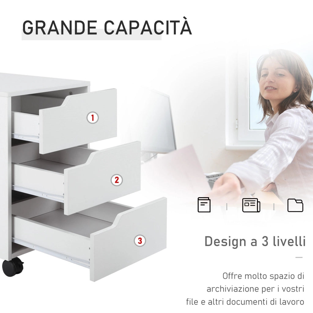Cassettiera da Ufficio 3 Cassetti Maniglie a Scomparsa 40x50x57,5 cm Bianca