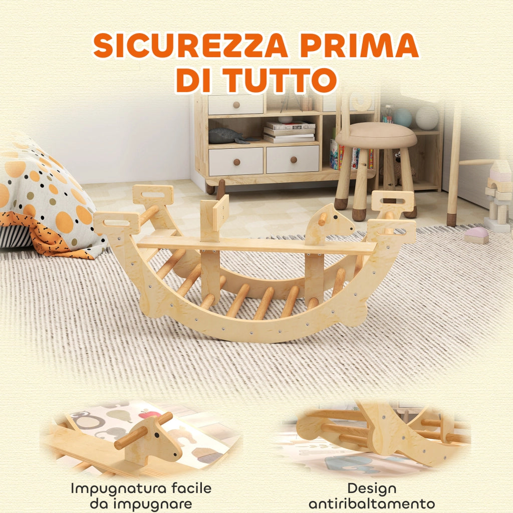 Arco Montessori per Bambini 2-4 Anni Convertibile in Dondolo 110x52x45 cm in Legno color Legno