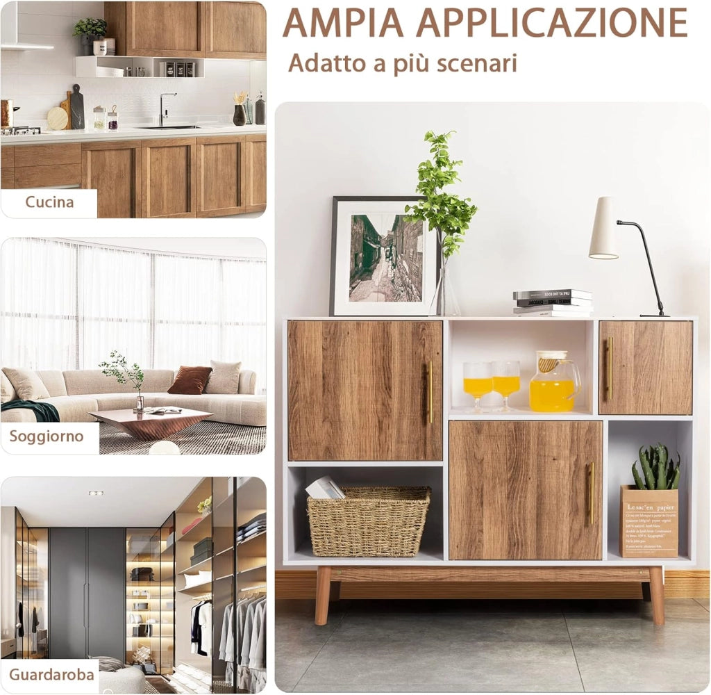 Mobile con 3 Ante e Scompartimenti, Armadietto da Interno Moderno e Versatile, con Gambe, Ideale per Ingresso, Soggiorno e Cucina, 95 x 31 x 76 cm, Bianco e Caffè