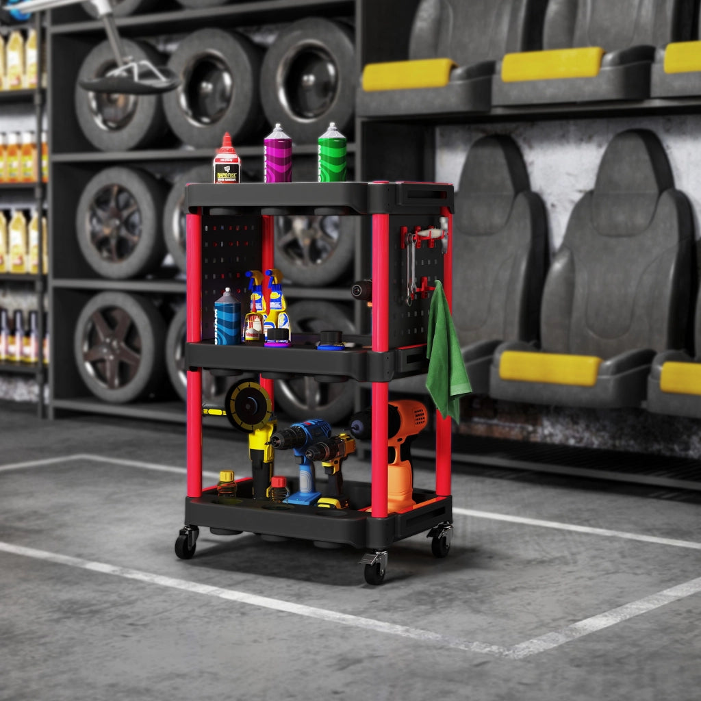 Carrello Porta Attrezzi a 3 Livelli in Plastica con Pannello Forato Laterale, Nero e Rosso