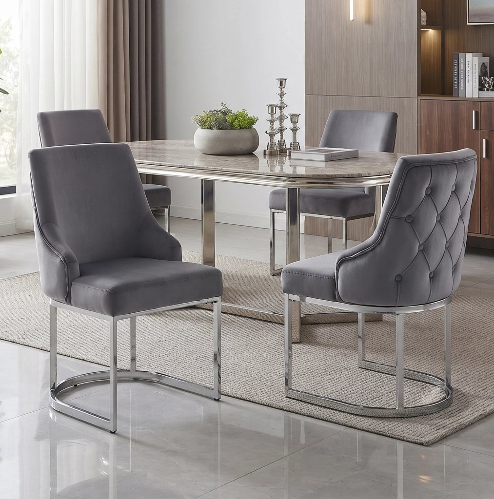 Set di 2 sedie da pranzo in velluto grigio con gambe in metallo argento