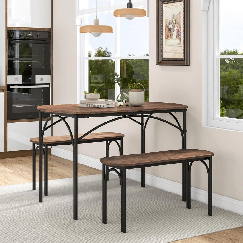 Tavolo da Pranzo con 2 Panche, Set di Tavolo e Panca in Legno e Metallo per 4 Persone, Set Mobile Salvaspazio e Moderno da Cucina, Sala da Pranzo e Soggiorno, Marrone