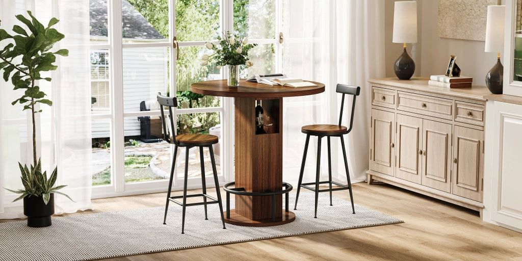 Tavolo da pranzo per 4 persone con 2 sgabelli e vani contenitore, rotondo 80 cm, per cucina e soggiorno, noce
