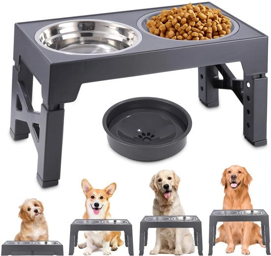 Hondenbak Verstelbar in Altezza con Vasca d'Acqua e Lento Alimentatore per Cani (Grigio)