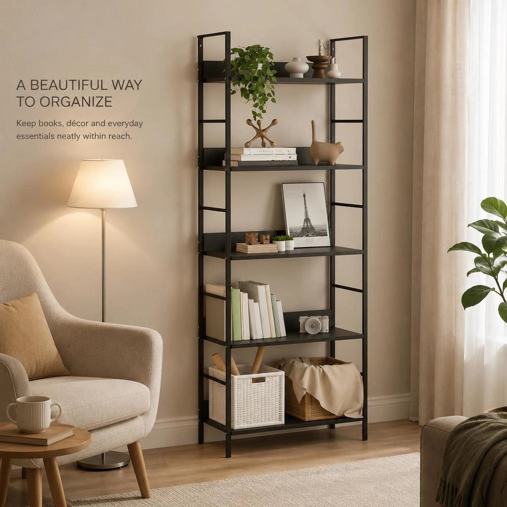 Bookshelf With 5 Shelves, Black, 60x27.6x158.5 Cm, Engineered Wood