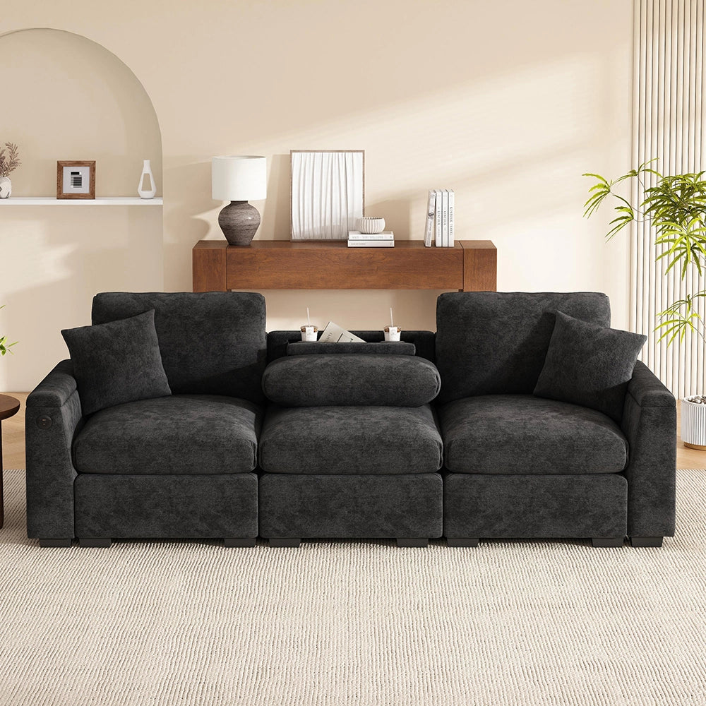 Divano 3 posti - Xylo - In chenille, con tavolo e USB, beige, porta bicchieri