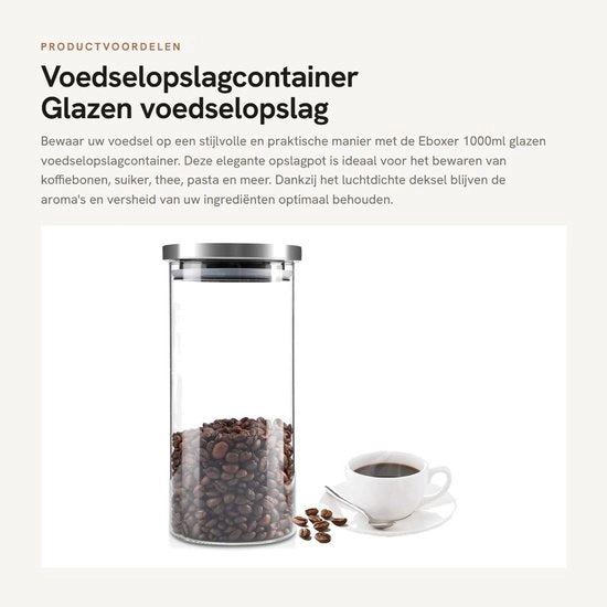 Contenitore di Stoccaggio 1000ml - Vetro di Borosilicato - Acciaio Inossidabile - Tappo Aria Etenso - Tanica di Stoccaggio Decorativa - Conserva Aroma e Freschezza - Contenitore di Stoccaggio