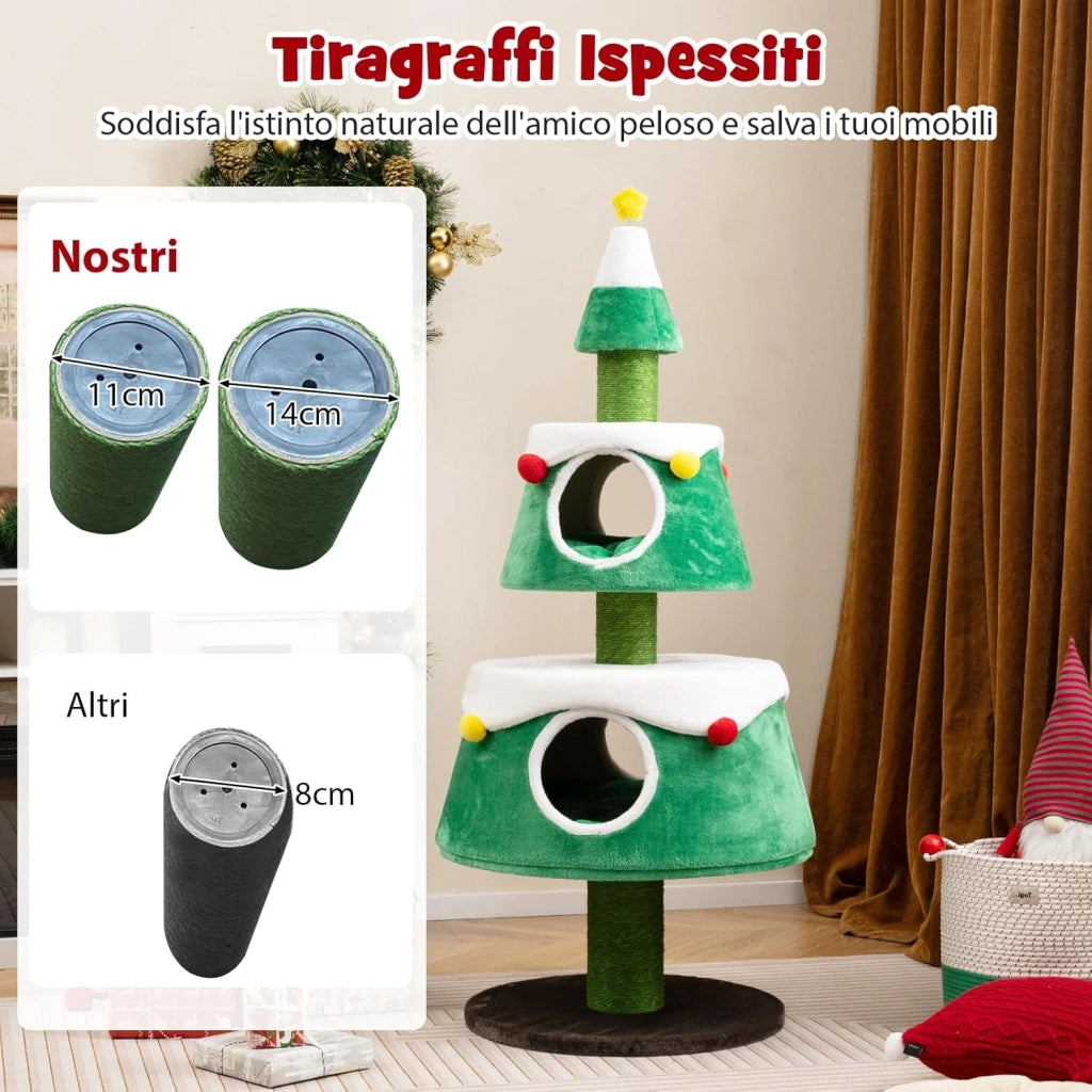 Albero di Natale per Gatti da Interno, Tiragraffi per Gatti Alta 153 cm con 2 Condomini, Giocattolo a Molla e Letti Rimovibili, Mobile per Animali per Decorazioni Natalizi (70 x 70 x 153 cm)