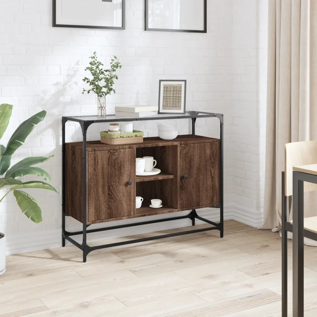 Credenza | Madia | Buffet da pranzo | Armadio da pranzo Piano Vetro Rovere Marrone 98x35x81 Legno Multistrato