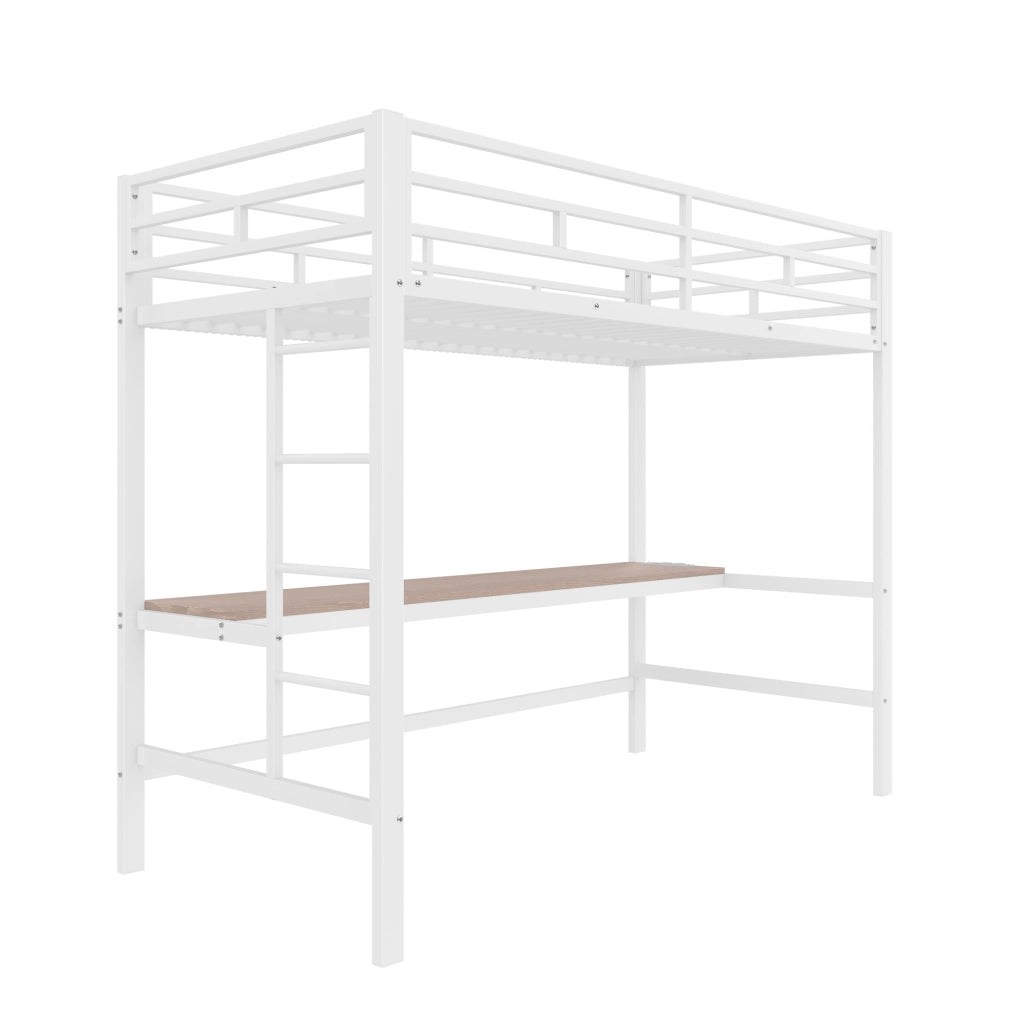 Letto a soppalco 90x200 cm con scrivania, LED, prese USB e USB-C in ferro e MDF bianco