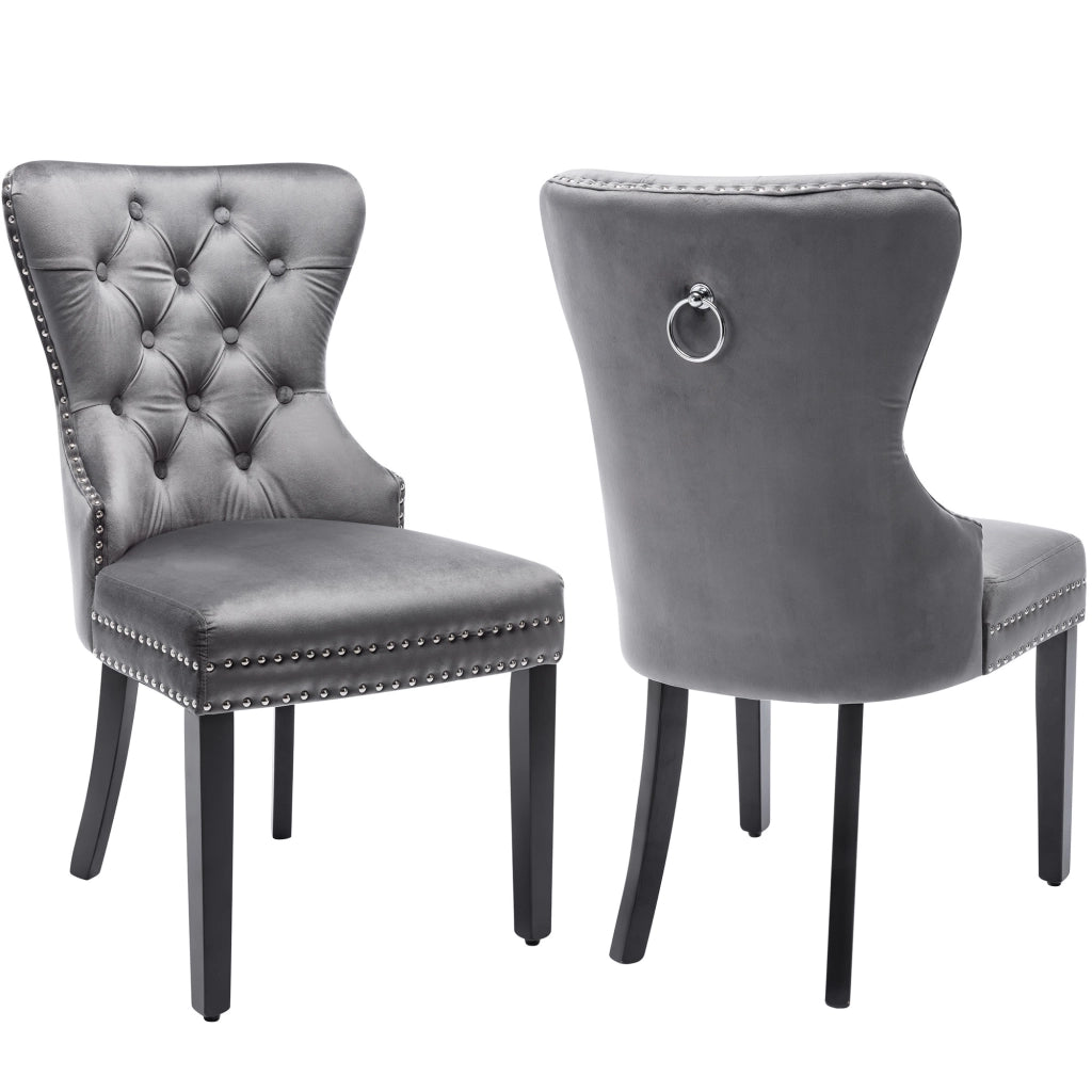 Set di 2 sedie da pranzo con schienale incurvato; borchie decorative e anello cromato in velluto grigio