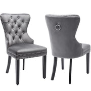 Set di 2 sedie da pranzo con schienale incurvato; borchie decorative e anello cromato in velluto grigio