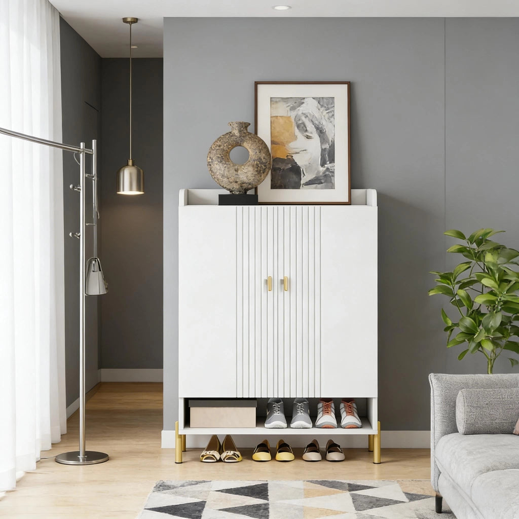 SCARPIERA 75x36,5x110 cm Bianco Oro in pannello di legno e metallo
