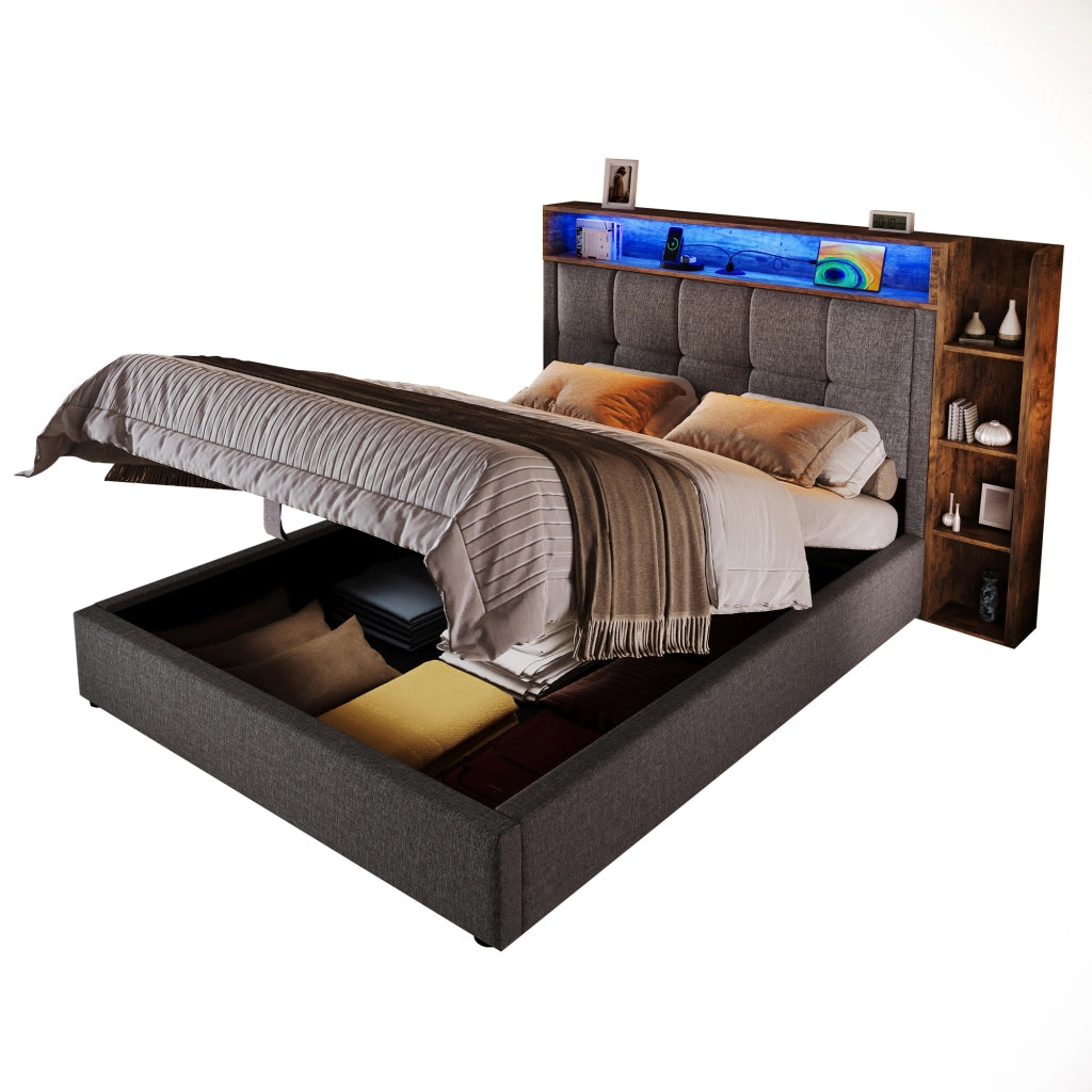 OKWISH Letto Contenitore 90×200 cm, Letto Singolo con USB, Tipo C, LED Regolabile e Contenitore, senza Materasso, in Lino, Grigio