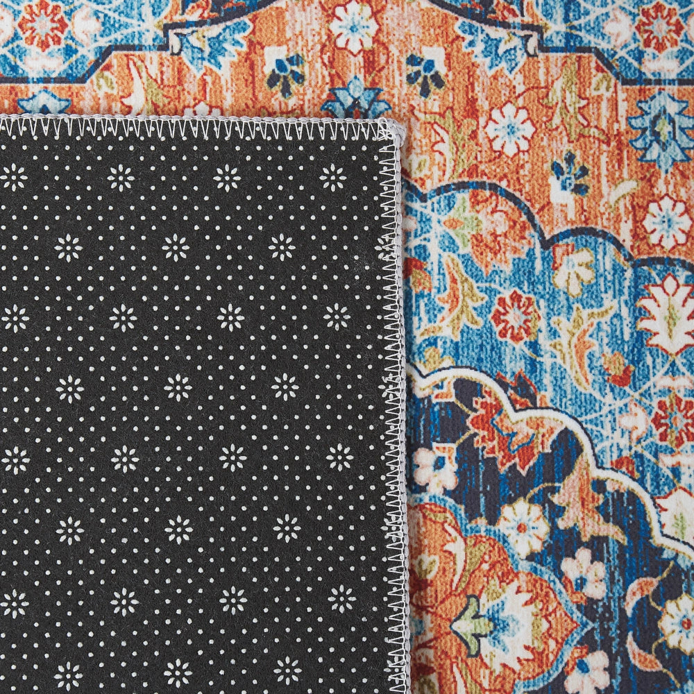 Tappeto passatoia blu e arancione poliestere 80 x 300 cm decorazioni orientali invecchiate per soggiorno camera da letto