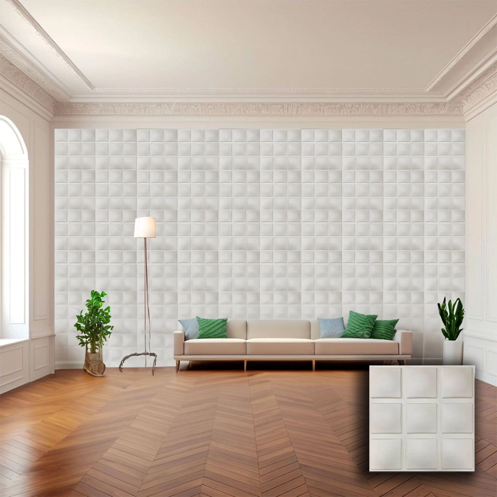 Pannello in fibra naturale a parete 3D, rivestimento di lusso 3D 50X50cm BIANCO verniciabile QUADRATI