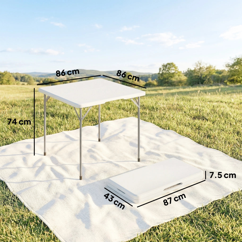Tavolo da Campeggio Quadrato Pieghevole in Metallo e HDPE, 86x86x74 cm, Bianco