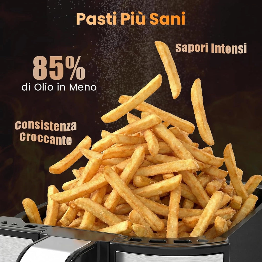 8L Friggitrice ad Aria, 2100W 10 in 1 Friggitrice a Doppio Cestello con Aria Calda a 360°, Timer, Touchscreen Digitale, 40-200℃, Lavabile in Lavastoviglie