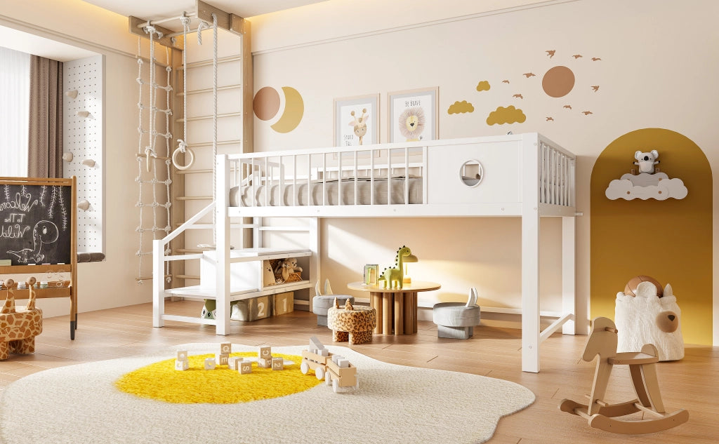 DESMIU Letto a soppalco per bambini 90 × 200 cm con scala contenitore, senza materasso, metallo bianco