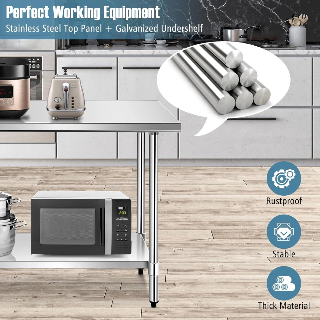 Tavolo da Lavoro in Acciaio Inox a 2 Livelli, Tavolo da Cucina Multifunzione con Ripiano Regolabile e Piedini Livellanti, per Preparazione Alimentare, 122x61x89 cm
