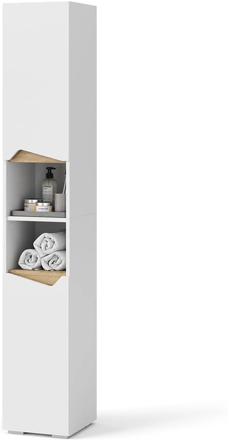 Armadio per il bagno Marelle, Bianco/Artisan, 30 x 180 cm con ante e vani a giorno, per la conservazione di articoli da bagno e asciugamani