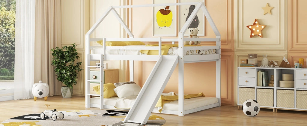 DESMIU Letto a castello casetta 140 × 200 cm 2 posti con scivolo e scala, senza materasso, in pino, bianco