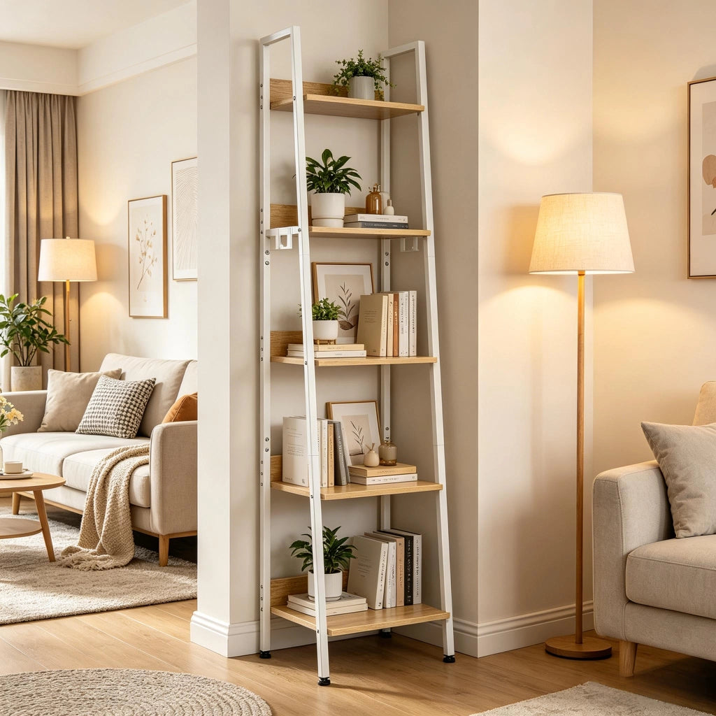 Libreria a scala in MDF e metallo con 5 ripiani aperti, 4 ganci removibili, 40 x 36 x 170 cm