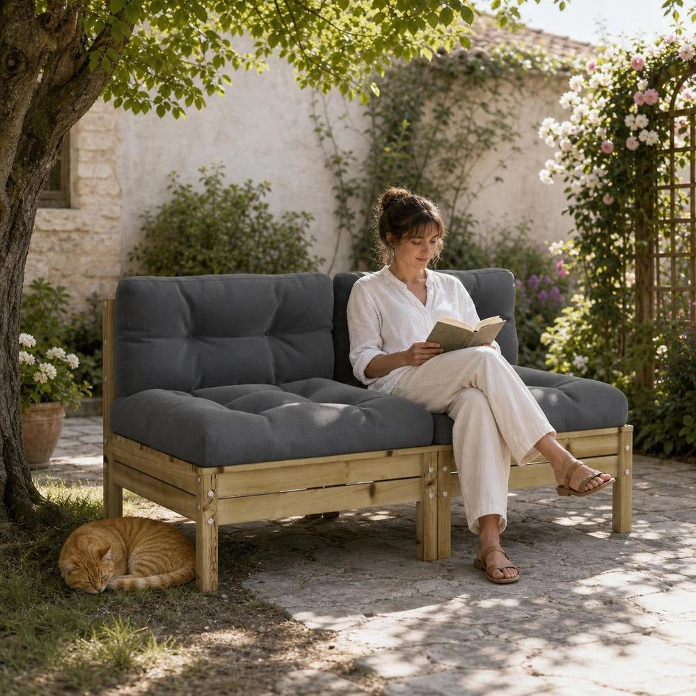 Garden Sofa Without Armrests, With 2 Cushions, Pine Wood