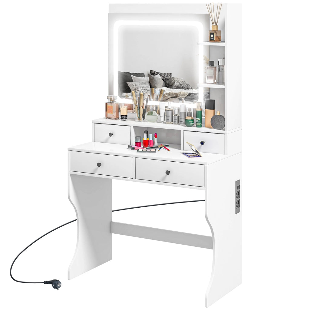 Toeletta Trucco con Luci LED, Specchio, USB, Cassetti e Mensole ¨C zephmum ¨C Bianco, 90x45x160cm