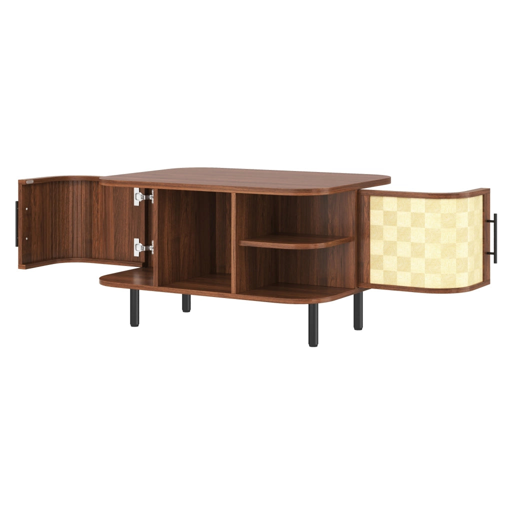 Tavolino basso con forma curva, vani aperti e scomparti laterali, in MDF e metallo, noce, 80 × 60 × 47 cm