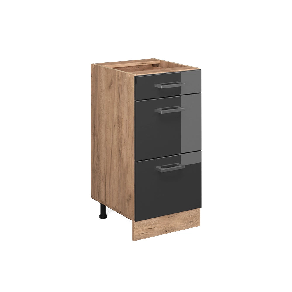 Mobiletto base per cucina R-Line Antracite lucido/Rovere dorato 40 cm con cassetti, senza piano di lavoro Vicco