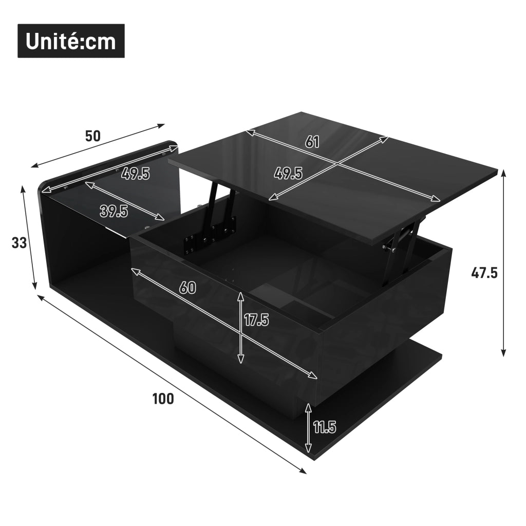 OKWISH Tavolino da Caffè Alzabile con Vetro Temperato, Vano Contenitore e LED, per Soggiorno, 100 x 50 x 33/47.5 cm, Nero