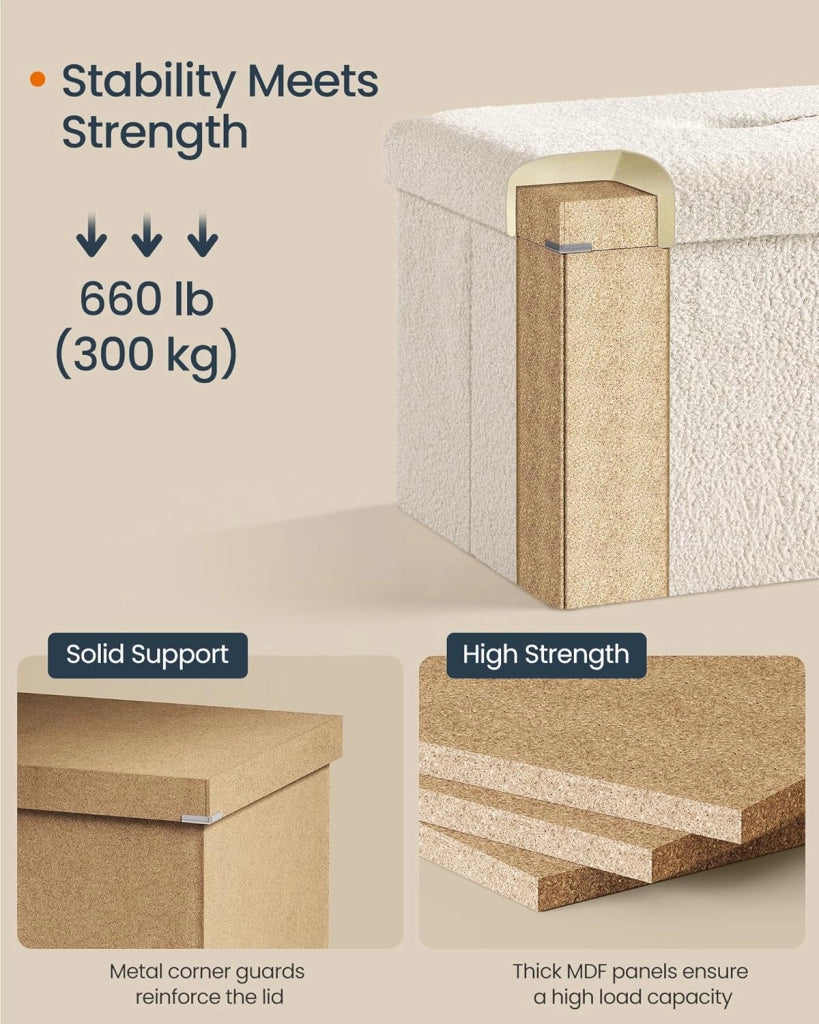 HOME Panca portaoggetti Ottomano, cassapanca 38,1 x 109,4 x 38,1 cm, panca da letto, portata fino a 300 kg, per soggiorno, camera da letto, ingresso, bianco crema ULSF097W01