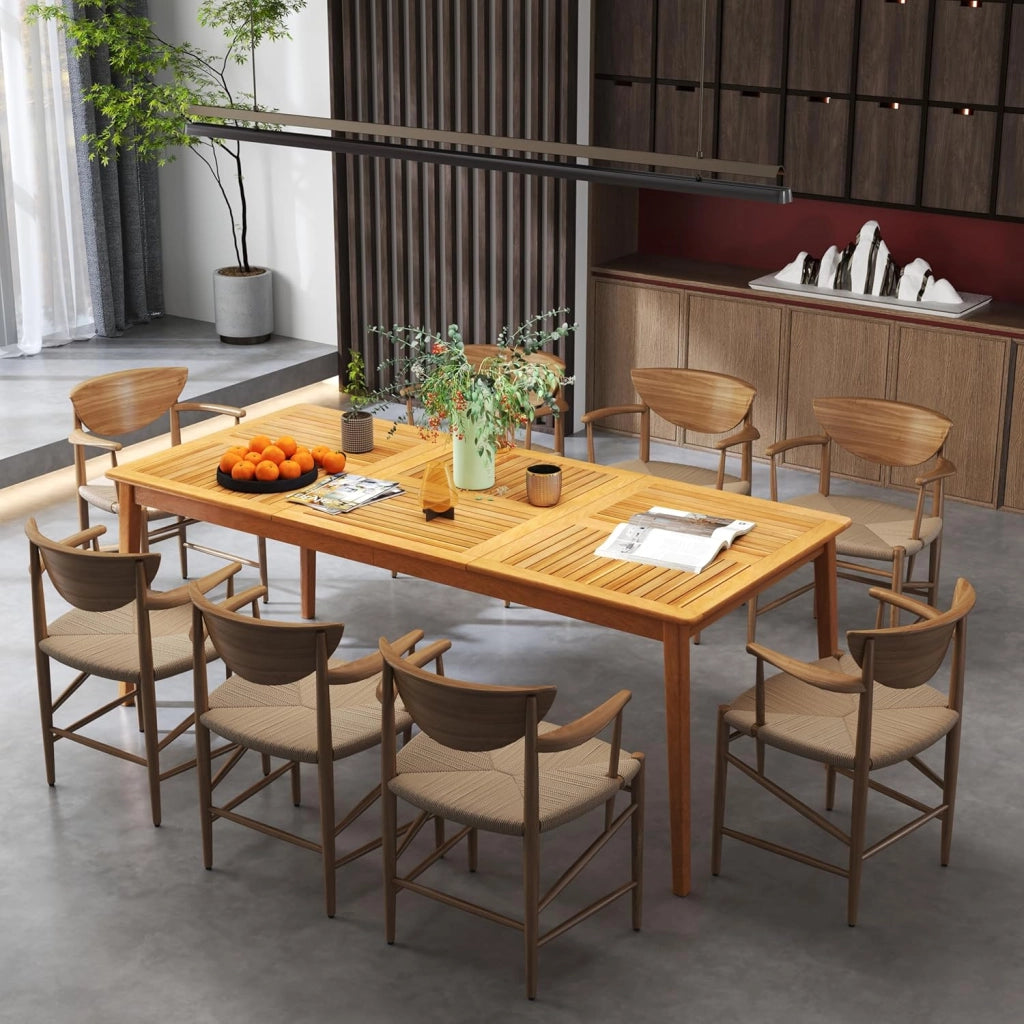 Tavolo da pranzo per 8 persone, tavolo da giardino in legno di acacia con foro di 5 cm, per cortile, veranda e giardino, resistente alle intemperie (200 x 90 cm)