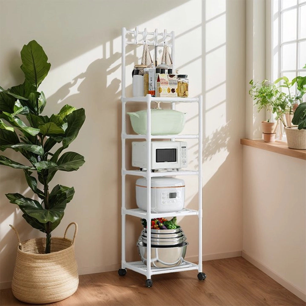 Trade Shop - Carrello Scaffale Portaoggetti Multiuso Da Cucina Bagno 5 Ripiani Con Ruote Ganci Bianco -
