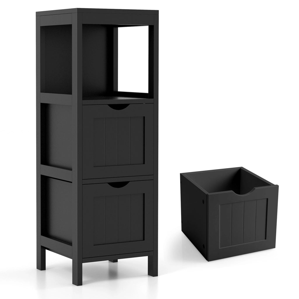 Mobiletto multiuso in legno per soggiorno, Mobile bagno con 2 cassetti estraibili e vano aperto Nero
