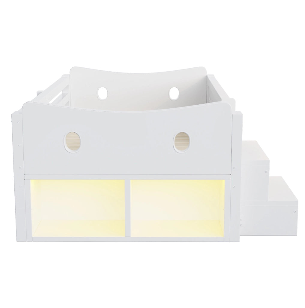 Lettino per bambini 90x200 cm in legno bianco con contenitore; LED e porte USB