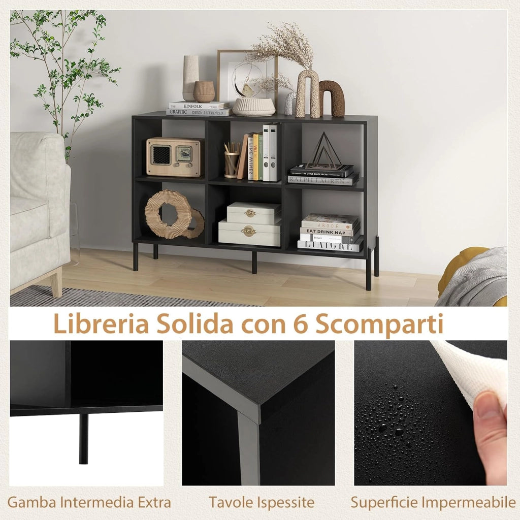 Scaffale a 6 Cubi, Libreria Aperta in Legno con Gambe Metalliche, Ripiani Regolabili in 5 Posizioni, Dispositivo Antiribaltamento, Scaffale per Casa e Ufficio, 120 x 35 x 79,5 cm (Nero)