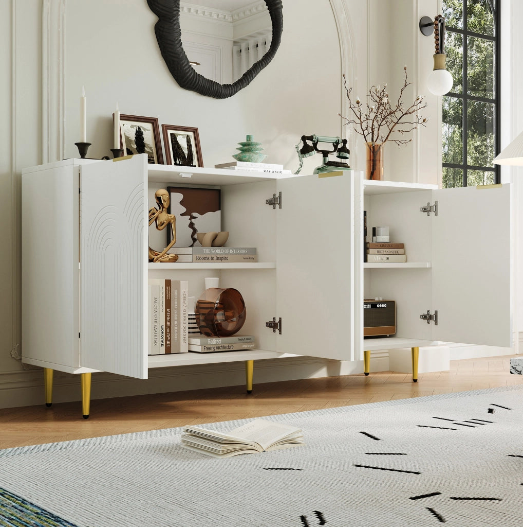 Credenza 160x40x80 cm bianca in MDF, 4 ante con ripiani regolabili