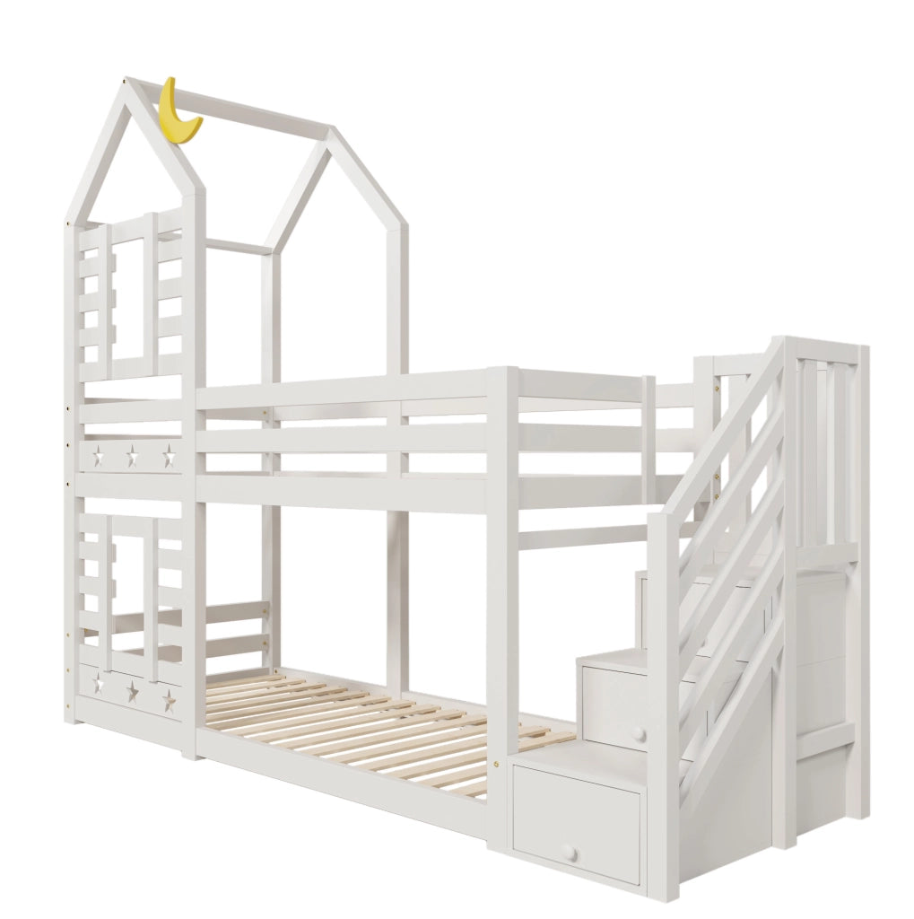 Letto a castello a casetta con scala contenitore e cassetti; 90x200 cm in legno bianco