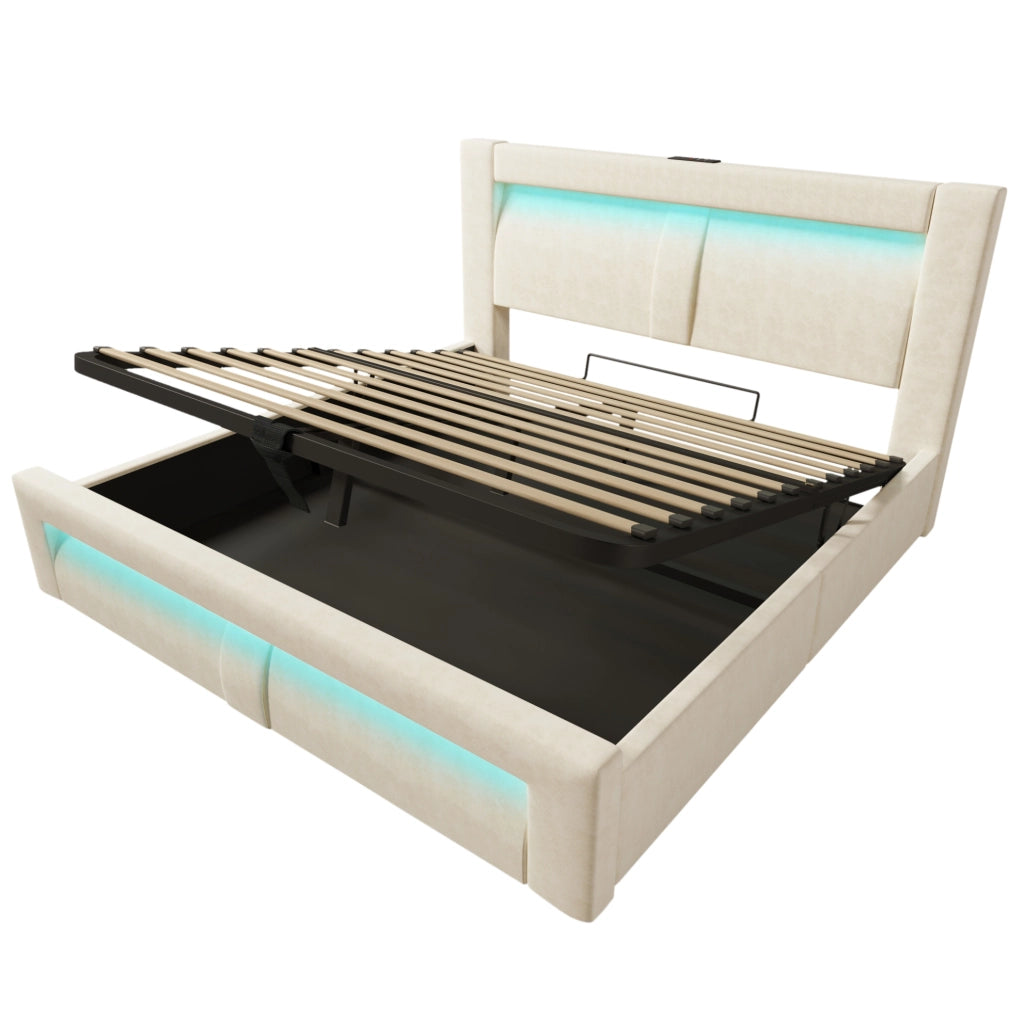 Letto matrimoniale 140x200 cm con contenitore; LED; USB e Type-C; testiera curva in velluto beige