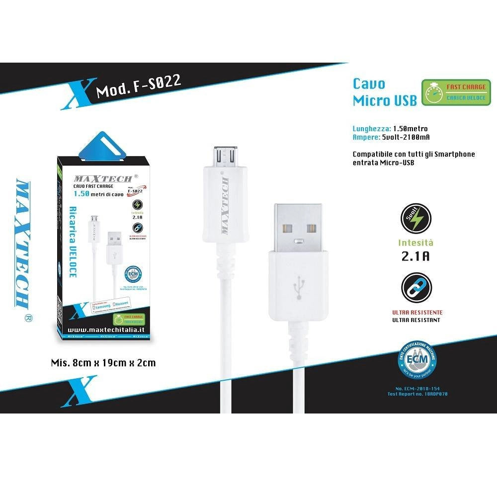 Trade Shop - Cavo Dati Micro Usb Per Smartphone Cavetto Dati Ricarica 1.5mt Maxtech F-s022 -