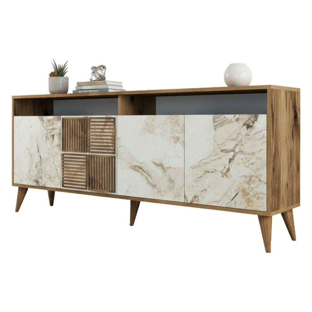Consolle Jole, Credenza da soggiorno, Armadio basso per TV, Base parete attrezzata, 180x35 h79 cm, Noce e Bianco Marmo