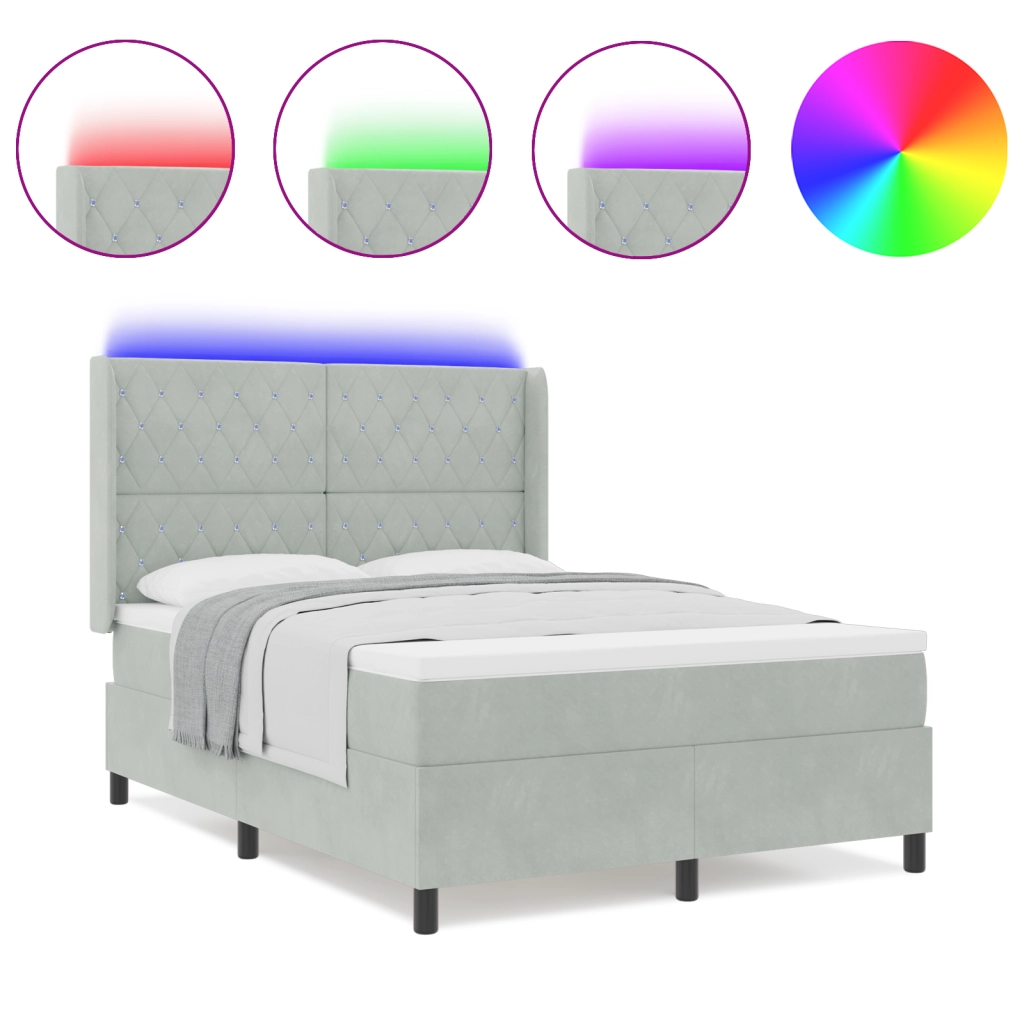 Letto Box Spring con Materasso e Luce LED Grigio Chiaro 140x200 cm in Velluto