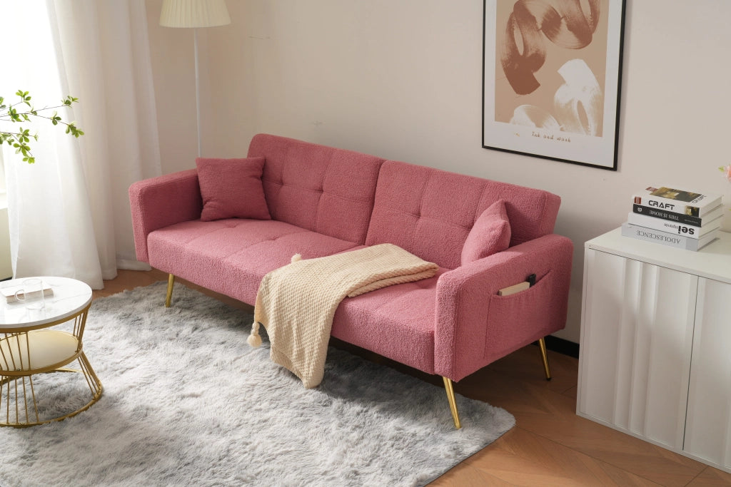 Divano Letto 2 Posti con Schienale Regolabile 105-180°; Tasche Laterali e Cuscini; in Sherpa Rosa