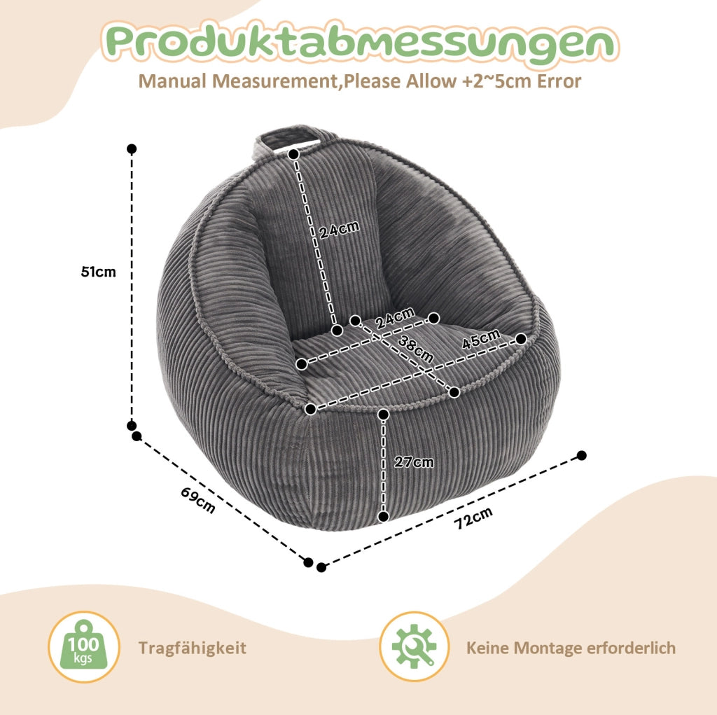 Pouf a sacco ULEVR per bambini in velluto a coste grigio, con forma curva di supporto